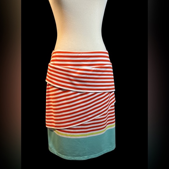 J. McLaughlin Striped Coral, White and Teal Mini Flutter Skirt - Picture 5 of 7